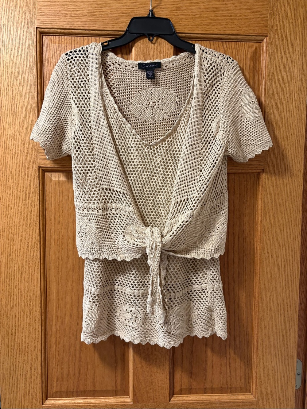 Crochet Tie-Front Knit Top in light tan.  2 pieces. Jacket and sleeveless top
